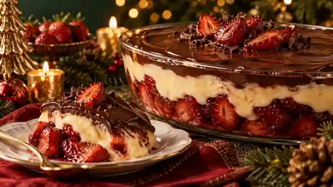 Bombom de Travessa de Morangos Assados com Creme de Baunilha e Chocolate