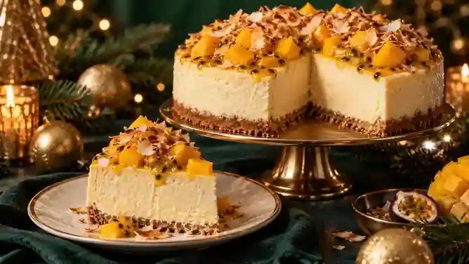 Cheesecake de Chocolate Branco com Manga, Maracujá e Coco Crocante