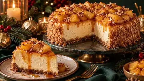 Cheesecake de Coco Queimado com Abacaxi e Caramelo de Rum sem Álcool