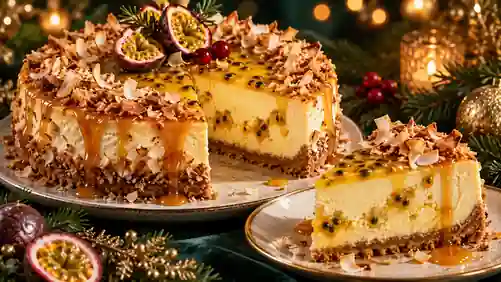 Cheesecake de Maracujá com Crocante de Coco e Caramelo Dourado