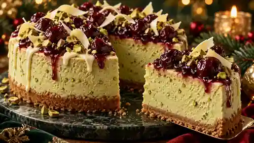 Cheesecake de Pistache com Cerejas Assadas e Chocolate Branco