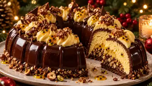 Coroa de Chocolate com Mousse de Maracujá e Crocante de Castanhas