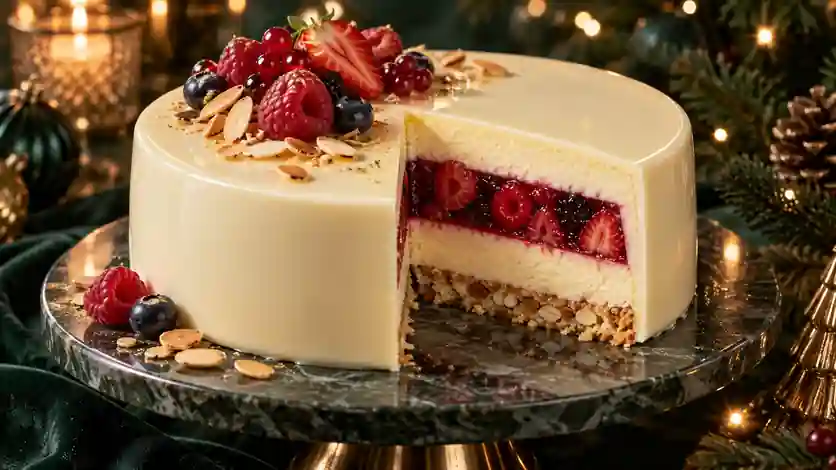 Entremet de Chocolate Branco com Frutas Vermelhas e Amêndoas