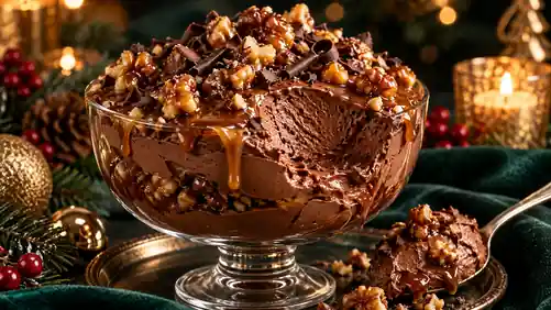 Mousse Trufada de Chocolate com Crocante de Nozes e Caramelo
