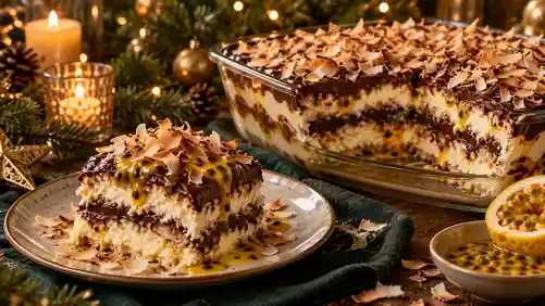 Pavê de Coco Queimado com Ganache de Chocolate e Maracujá