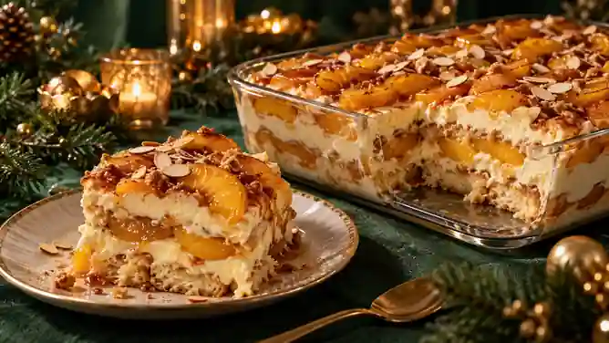Pavê de Pêssegos Caramelizados com Creme de Amêndoas e Baunilha
