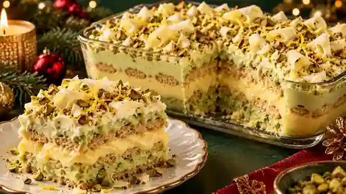 Pavê de Pistache com Creme de Limão Siciliano e Chocolate Branco
