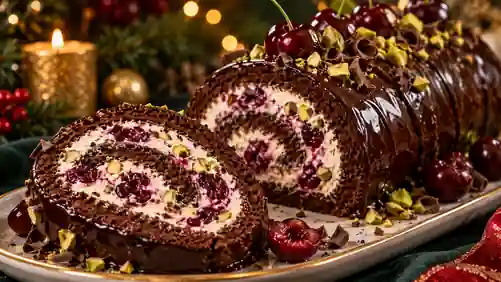 Rocambole de Chocolate com Creme de Cerejas e Pistache
