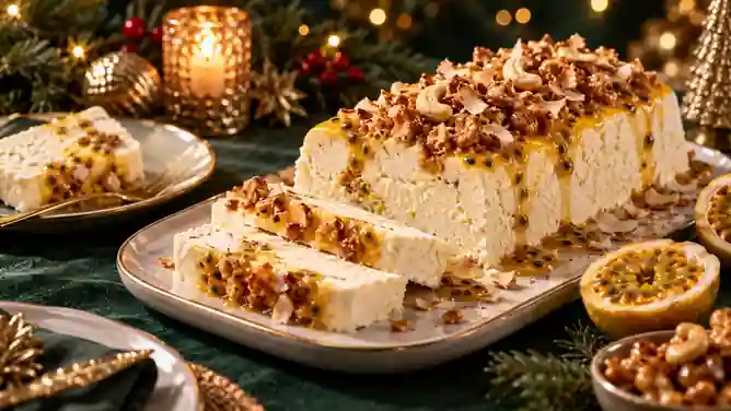 Semifreddo de Coco com Maracujá e Crocante de Castanha-de-Caju