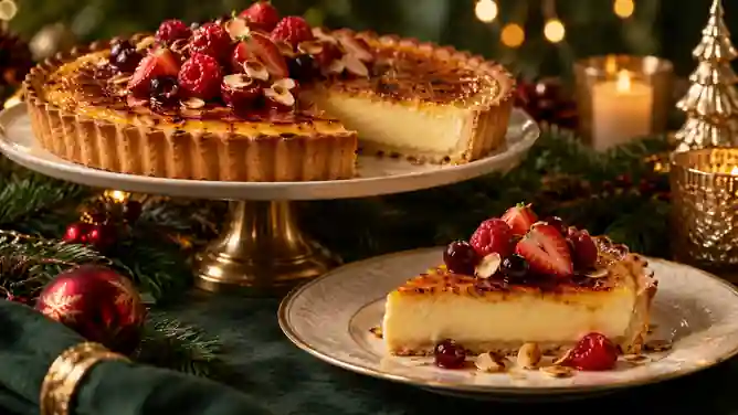 Torta Brûlée de Chocolate Branco com Frutas Vermelhas e Amêndoas