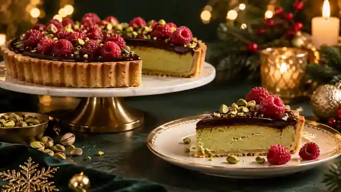 Torta Cremosa de Pistache com Ganache de Chocolate e Framboesas
