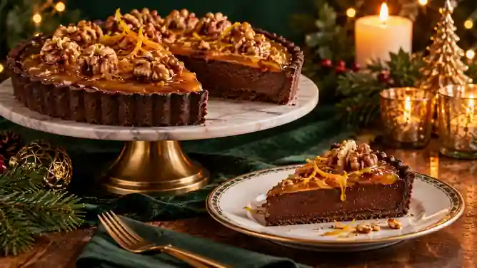 Torta de Chocolate com Caramelo de Laranja e Nozes Tostadas