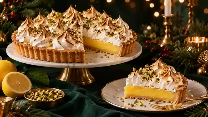 Torta Natalina de Limão Siciliano com Merengue Tostado e Pistache