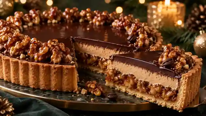 Torta de Nozes Caramelizadas com Creme de Café e Ganache Amarga