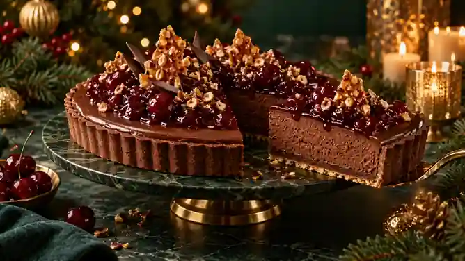 Torta Mousse de Chocolate com Compota de Cerejas e Praliné