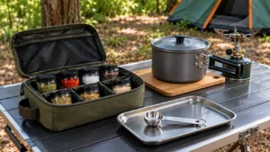 Mesa dobrável de camping com bolsa organizadora aberta contendo frascos de ervas secas, páprica, sal e pimenta-do-reino, acompanhados de colher medidora e panela com tampa.