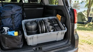 Porta-malas com caixa organizadora contendo panelas empilhadas, pratos encaixados, copos metálicos, talheres em estojo, espátula, tábua de corte e mochila de camping ao lado.
