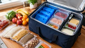 Caixa térmica azul-marinho aberta com placas de gelo, recipientes herméticos com alimentos crus, ingredientes refrigerados prontos para consumo e termômetro digital.