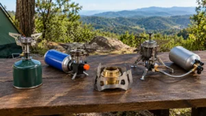 Quatro fogareiros de camping desligados sobre mesa de madeira escura: modelo compacto com cartucho rosqueável, fogareiro de cartucho lateral, queimador a álcool e modelo multifuel.