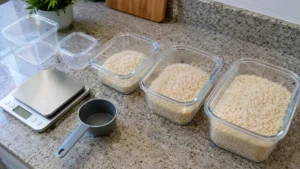 Três grupos de recipientes transparentes com porções de arroz cru para duas, quatro e seis pessoas, acompanhados de balança digital e colher medidora.