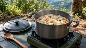 Panela de alumínio anodizado escuro sobre fogareiro portátil com arroz branco parcialmente cozido, cenoura em cubos, abobrinha e vapor suave.