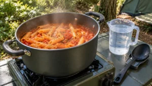 Panela funda sobre fogareiro de camping com macarrão penne cozinhando em molho de tomate, copo graduado de água potável e colher de silicone preta.