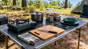 Mesa de camping com fogareiro portátil desligado, panela, faca, tábua de corte, talheres, pratos reutilizáveis e recipientes organizados.