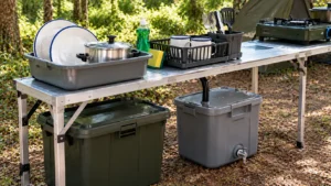 Estação de limpeza no camping com bacia contendo dois pratos usados e panela, esponja, detergente, escorredor com canecas limpas e recipientes para resíduos e água usada.