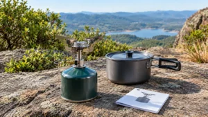 Fogareiro portátil a gás desligado sobre superfície firme de pedra, com cartucho conectado, apoios metálicos, panela compatível e manual de instruções.
