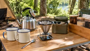 Bancada de camping com duas canecas esmaltadas limpas, chaleira de inox aberta, filtro metálico de café higienizado, escorredor e recipiente fechado para resíduos.