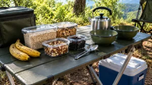 Mesa dobrável de camping com recipientes fechados de aveia, granola, castanhas e uvas-passas, bananas, tigelas, colheres e chaleira portátil.