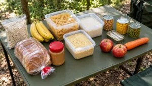 Mesa de camping com aveia, bananas, pães, pasta de amendoim, arroz, macarrão, cuscuz, conservas fechadas, maçãs e cenoura para refeições sem geladeira.