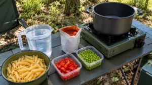 Bancada de camping com macarrão penne cru, água potável em recipiente graduado, molho de tomate, pimentão vermelho, ervilhas e panela sobre fogareiro desligado.