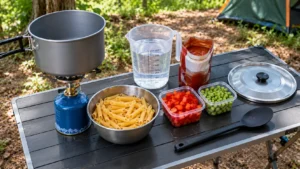 Bancada de camping com panela de alumínio sobre fogareiro desligado, macarrão penne cru, água potável, molho de tomate, pimentão, ervilhas e utensílios organizados.
