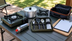 Fogareiro portátil desligado com cartucho de combustível separado, panela de alumínio, suporte metálico e caixa com utensílios organizados para inspeção antes do camping.