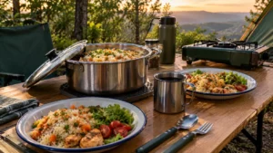 Panela de aço inoxidável com arroz, cenoura e vegetais em cozinha de camping, acompanhada de pratos servidos, talheres e caneca metálica.
