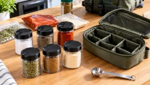 Kit de temperos para camping com seis frascos transparentes contendo sal, pimenta-do-reino, páprica, orégano, cominho e alho em pó, ao lado de uma bolsa organizadora verde-oliva.