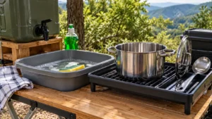 Panela de aço inoxidável limpa em escorredor portátil, com colher reutilizável, bacia de lavagem, detergente e reservatório de água potável em cozinha de camping.