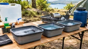 Área de limpeza em camping com três bacias para lavagem, enxágue e sanitização, escorredor de utensílios, água segura e materiais de higienização.