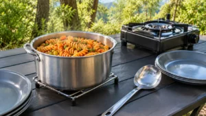 Panela de aço inoxidável com macarrão parafuso, molho de tomate, cenoura e ervilhas sobre mesa de camping, acompanhada de pratos e colher de servir.