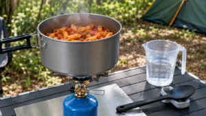 Panela de camping com macarrão penne cozinhando em molho de tomate vermelho sobre fogareiro a gás com chama baixa, acompanhada de colher de silicone e água potável.