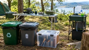 Área de apoio de cozinha de camping com recipientes fechados para recicláveis e rejeitos, caixa de utensílios secos, estação de lavagem e bancada organizada.