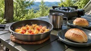 Frigideira de camping com ovos mexidos e tomate, acompanhada de dois pães em pratos reutilizáveis e caneca metálica sobre mesa ao ar livre.