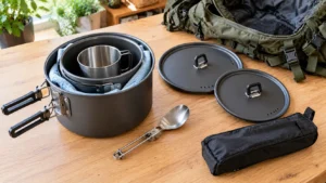 Panelas de camping parcialmente encaixadas sobre bancada de madeira, com pano de microfibra, copo metálico, tampas, colher dobrável, bolsa organizadora e mochila ao fundo.