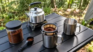 Caneca metálica com filtro reutilizável contendo café moído sobre mesa de camping, acompanhada de chaleira de inox, colher medidora e recipiente de café.