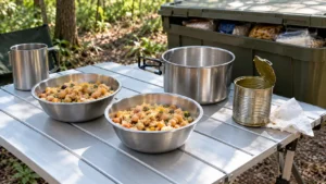 Bancada de alumínio em camping com duas tigelas de comida servida, panela limpa e vazia, embalagem de conserva usada e caixa fechada com alimentos secos.
