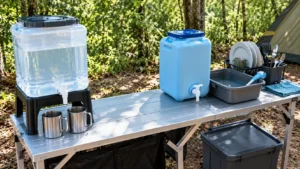 Bancada de camping com galão translúcido de água potável, duas canecas metálicas e reservatório azul com torneira para lavagem de pratos e talheres.