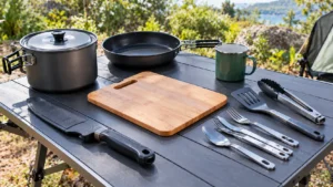 Utensílios de camping organizados sobre bancada portátil, incluindo panela com tampa, frigideira, faca protegida, tábua de corte, espátula, pegador, talheres e caneca.