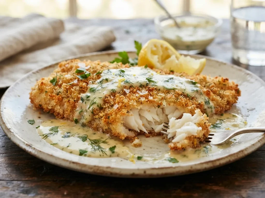 Filé de Peixe Empanado com Molho de Limão