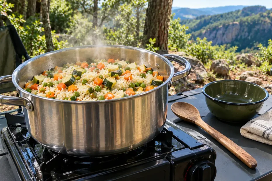 Panela de camping com arroz branco cozido, cubos de cenoura, abobrinha e ervilhas, sobre bancada portátil ao ar livre.